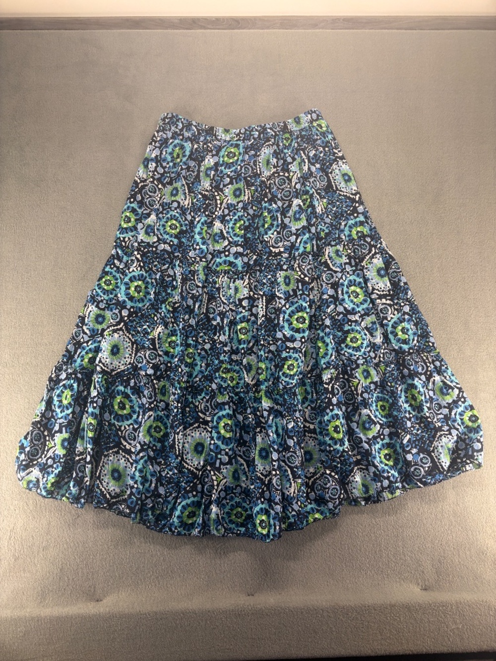 Jane Ashley Tiered Boho Peasant Maxi Skirt Blue Green Floral Cotton Size Large